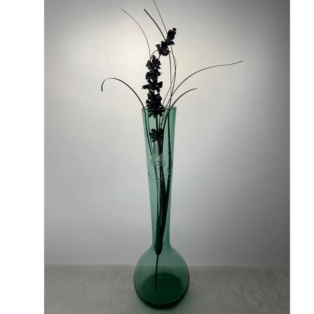 MCM Vintage Green ART Glass Bud Vase Bulb Fluted with Floral Etching 8